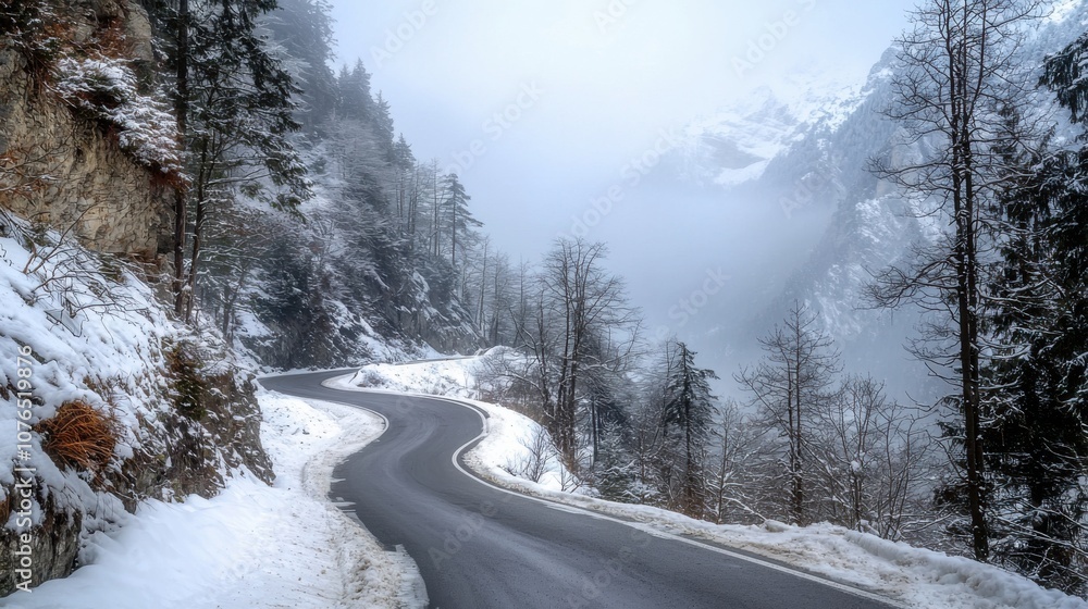 Fototapeta premium A winding road through a snowy mountain landscape shrouded in mist.