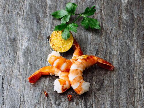 Grilled Shrimp Garnished With Lime And Herbs On Rustic Wooden Plate. prawns are arranged on a weathered wooden surface, accompanied by lime slices and herbs, showcasing a delightful seafood dish.