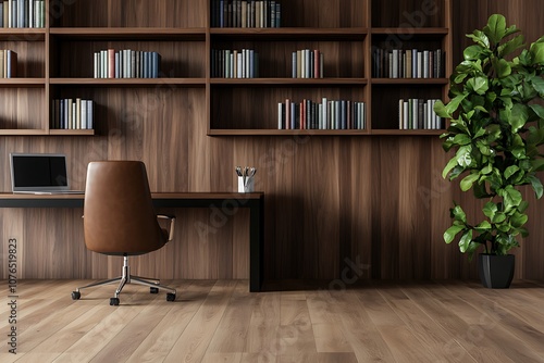 A minimalist home office with a brown leather chair, a desk, and bookshelves against a wood-paneled wall.