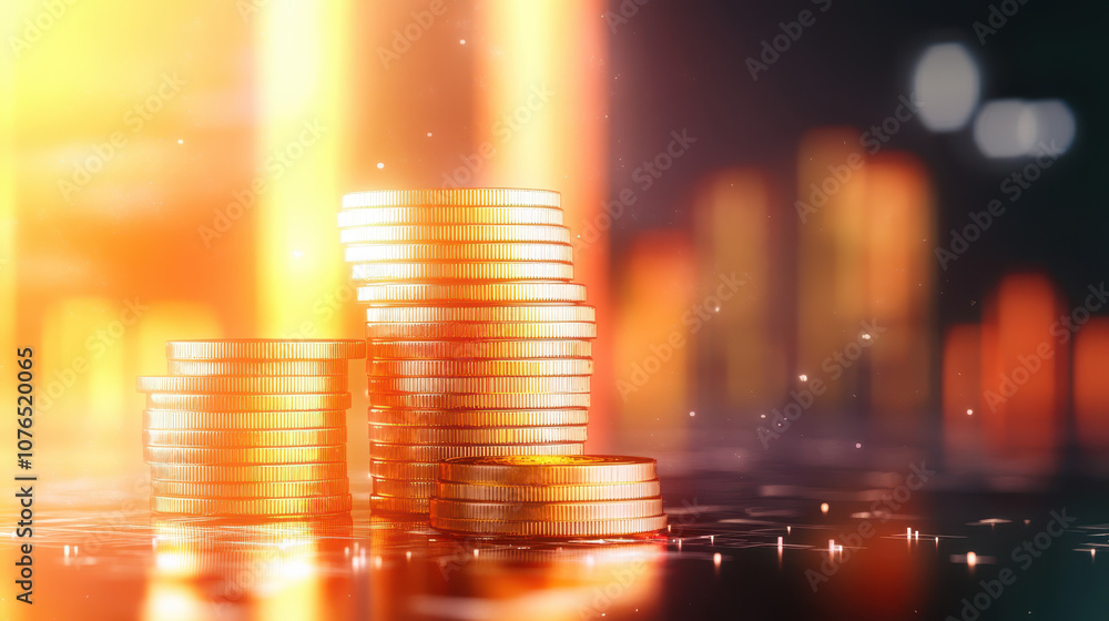 Stacks of golden coins with glowing background, symbolizing wealth and investment opportunities. warm light creates inviting atmosphere Stacks of golden coins with glowing background, symbolizing wealth and investment opportunities. warm light creates inviting atmosphere