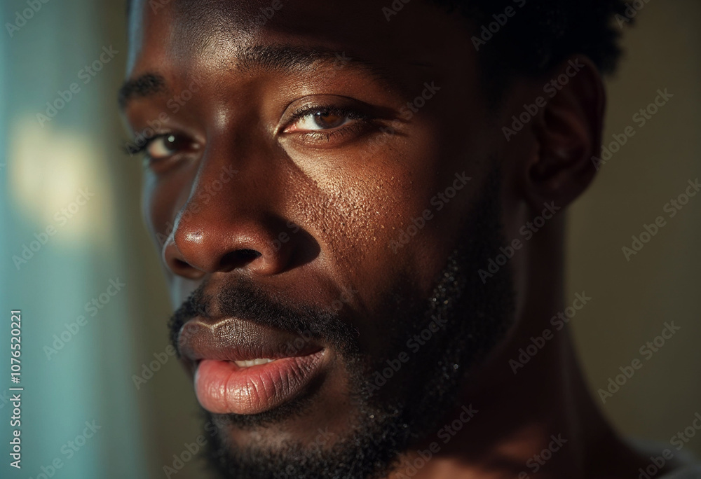 African American Black Man Close-Up of Face, Beard, and Curly Hair Handsome Portrait African American Black Man Close-Up of Face, Beard, and Curly Hair Handsome Portrait