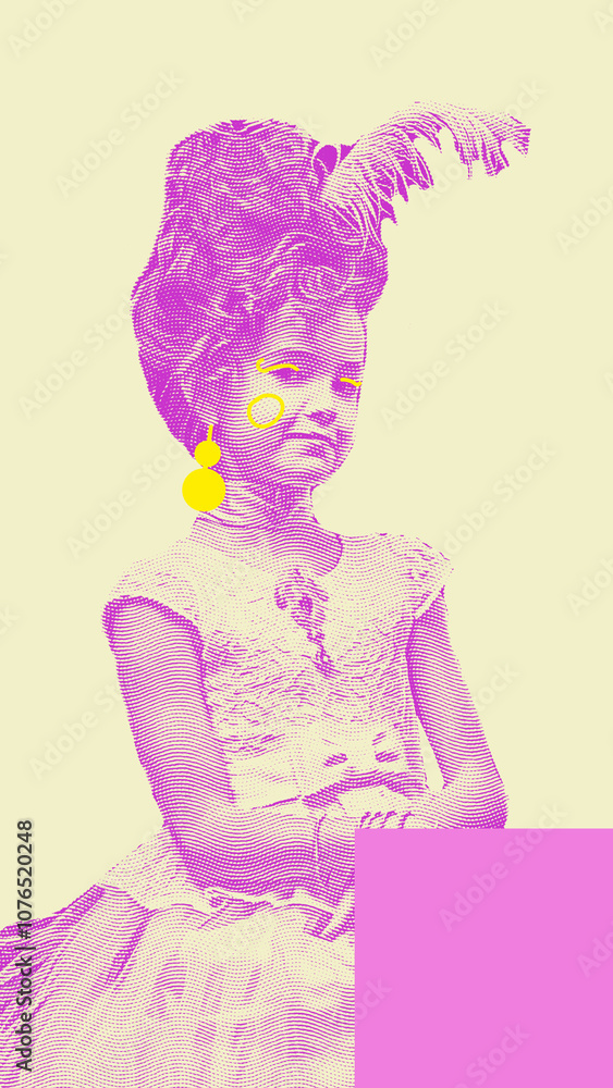 Fototapeta premium Cute little girl, child in image of medieval royal person, princess in fabulous dress sitting. Contemporary art. Concept of historical remake, comparison of eras, medieval fashion, emotions, childhood