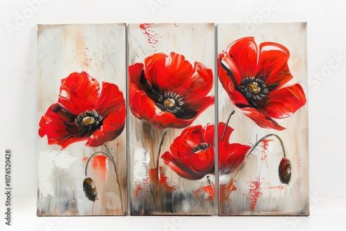 A still life image of three red poppies on a white background, perfect for use in designs related to nature and symbolism photo