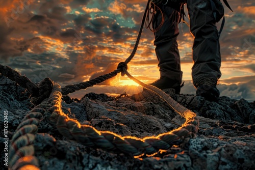 A person standing at the summit of a mountain, holding a climbing rope for safety and support photo