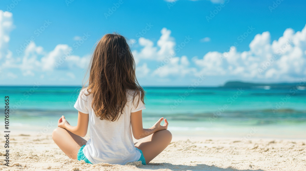 girl meditating on beach, enjoying serene ocean view and clear sky. peaceful atmosphere promotes relaxation and mindfulness girl meditating on beach, enjoying serene ocean view and clear sky. peaceful atmosphere promotes relaxation and mindfulness