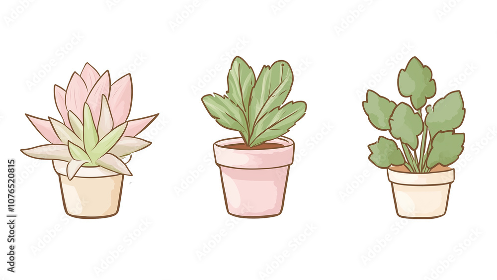 Obraz premium Potted houseplants in pastel-colored pots with varying green and pink leaves, isolated