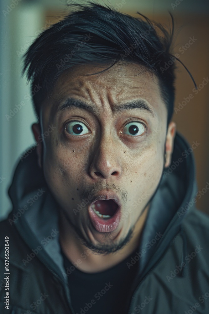A person with an astonished facial expression A person with an astonished facial expression