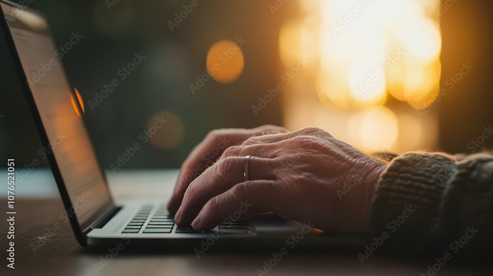 person typing on laptop with warm sunset in background, creating cozy atmosphere. focus is on hands and keyboard person typing on laptop with warm sunset in background, creating cozy atmosphere. focus is on hands and keyboard