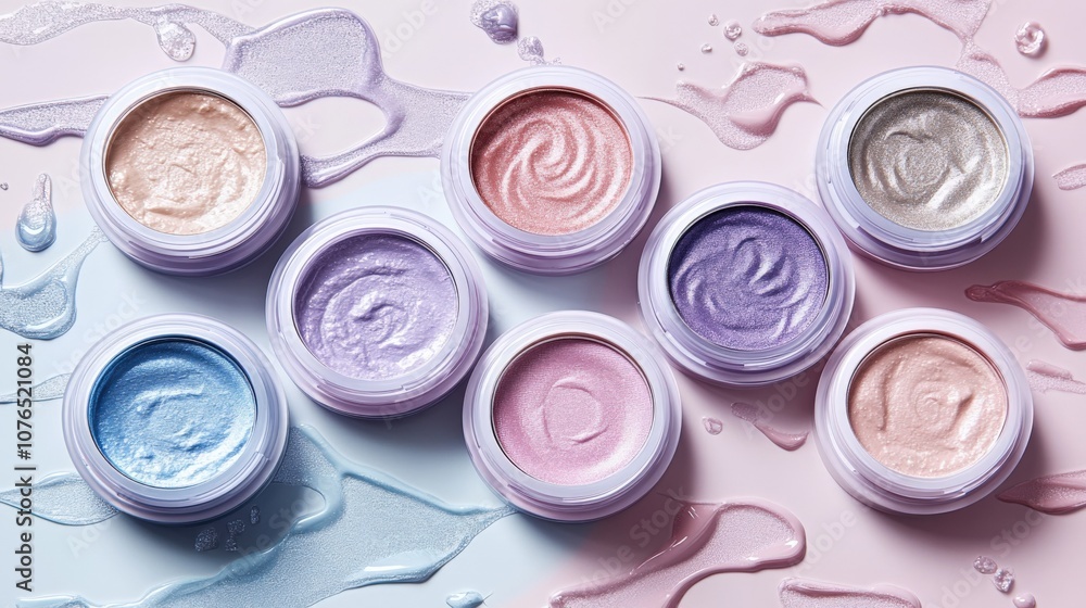 Vibrant Pastel Creams in Stylish Containers on Soft Background Vibrant Pastel Creams in Stylish Containers on Soft Background