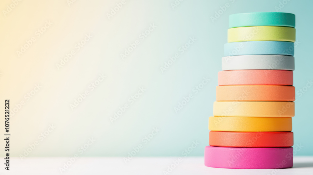 Colorful stack of round tape rolls in various shades against soft background Colorful stack of round tape rolls in various shades against soft background