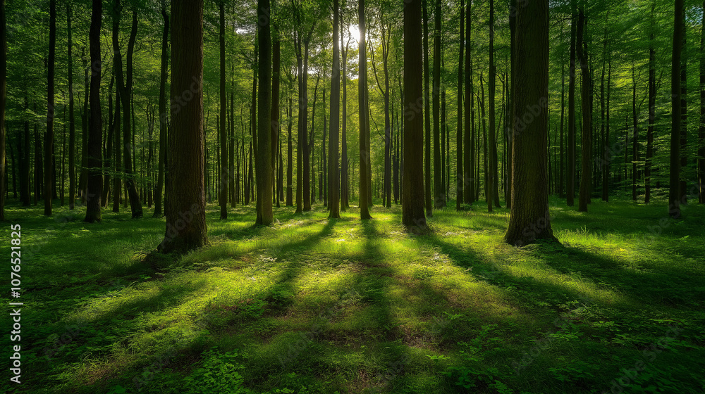 Fototapeta premium Lush green forest with sunlight streaming through the trees casting soft shadows on the forest floor, creating a serene atmosphere