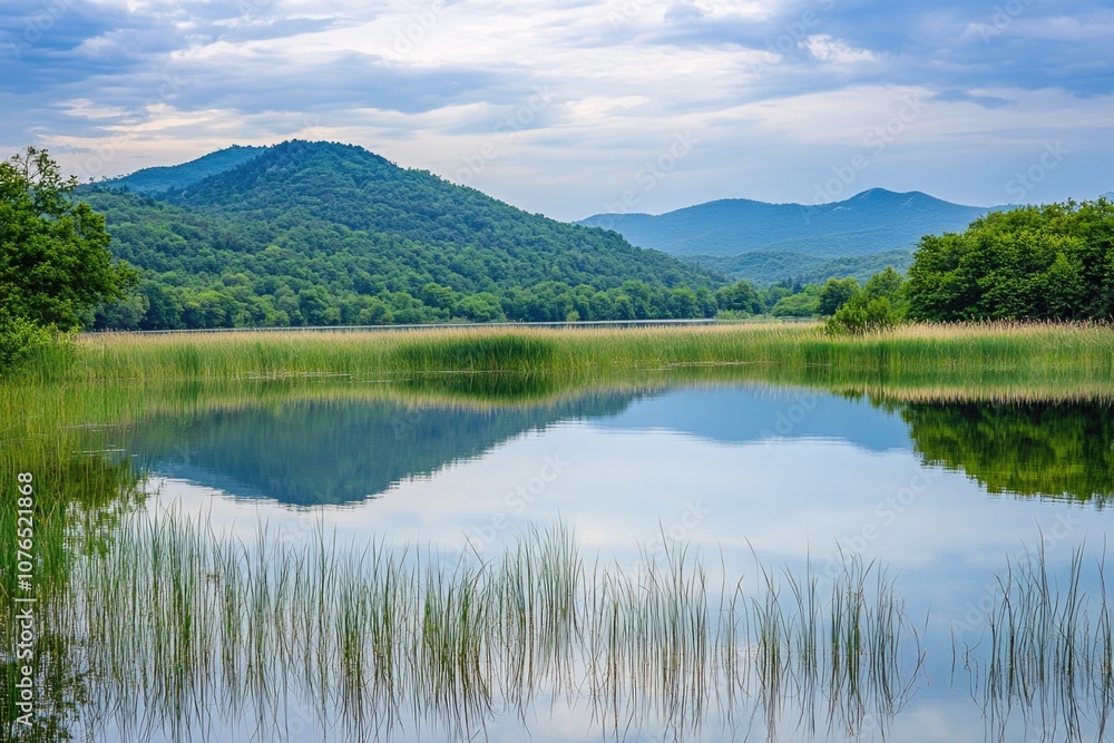 A serene mountain lake surrounded by towering trees and majestic mountains A serene mountain lake surrounded by towering trees and majestic mountains