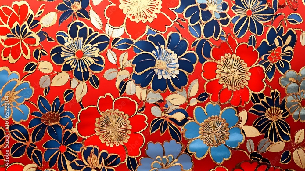 Red, Blue, and Gold Floral Pattern on Fabric Red, Blue, and Gold Floral Pattern on Fabric
