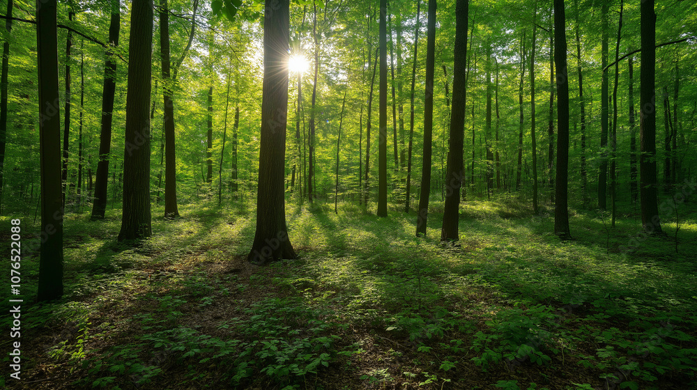 Obraz premium Lush green forest with sunlight streaming through the trees casting soft shadows on the forest floor, creating a serene atmosphere