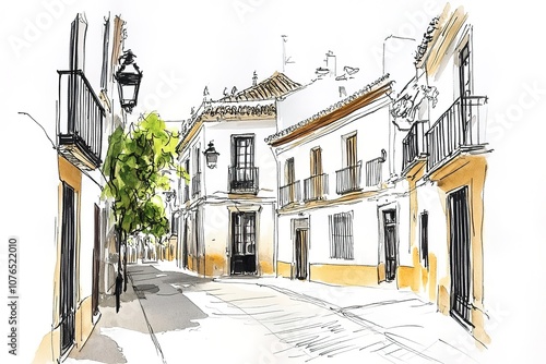 illustration. Beautiful old houses on the street in Lisbon in Portugal. Traditional European architecture.
