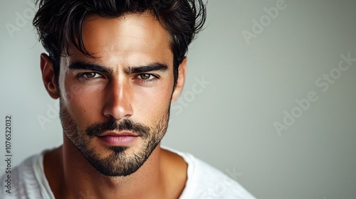 Handsome Man with Intense Gaze in Minimalist Studio Setting