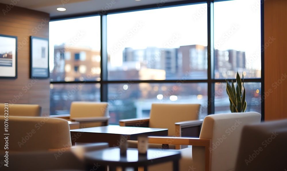 A modern office lounge with comfortable chairs, a small table and large windows overlooking a city skyline. A modern office lounge with comfortable chairs, a small table and large windows overlooking a city skyline.