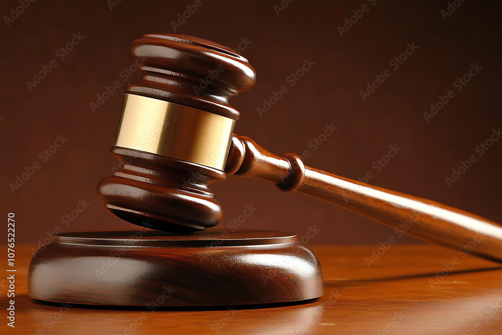 A judge's wooden gavel placed prominently on a surface, symbolizing court and justice A judge's wooden gavel placed prominently on a surface, symbolizing court and justice