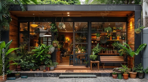 A modern storefront with a wooden facade and large glass windows showcasing a variety of plants and greenery.