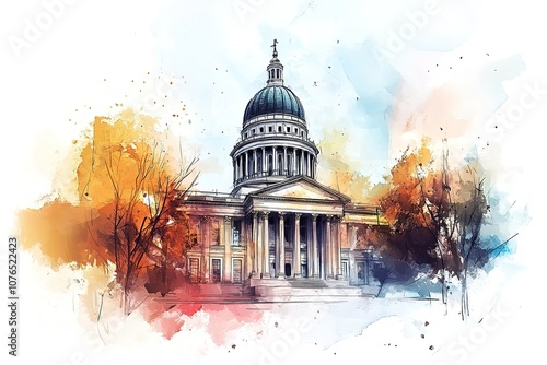 Pantheon in Paris, France, Main facade and dome, Hand drawn architectural sketch, Vector illustration hand drawn black pen on white
