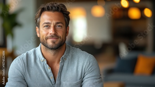 A smiling man in a light blue shirt looks directly at the camera in a blurred office background.