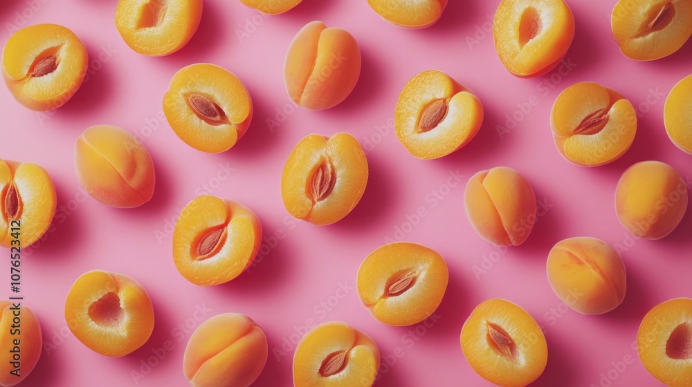 Fototapeta premium Fresh peaches arranged on a pink background