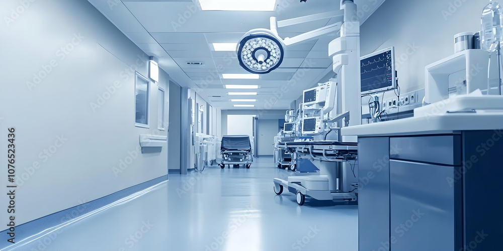 Pristine hospital corridor with sleek medical equipment, emphasizing cleanliness and modern healthcare. 4k image Pristine hospital corridor with sleek medical equipment, emphasizing cleanliness and modern healthcare. 4k image