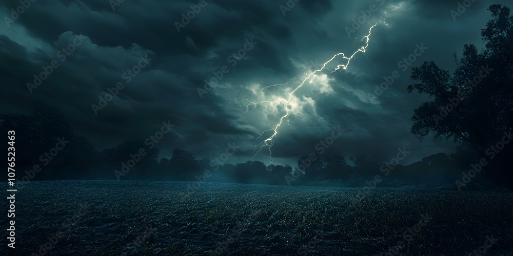 Powerful lightning strikes a vast field under a turbulent dark sky, displaying naturea??s intense energy. 4k image Powerful lightning strikes a vast field under a turbulent dark sky, displaying naturea??s intense energy. 4k image
