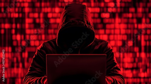 The Shadowy Figure Hides Behind a Hood, Focused on the Laptop, Against a Blurry Red Background. photo