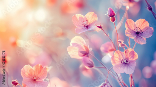 Delicate pink flowers bloom softly under warm sunlight in a serene garden