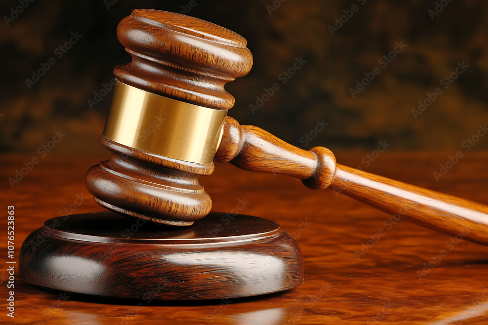 A judge's wooden gavel placed prominently on a surface, symbolizing court and justice A judge's wooden gavel placed prominently on a surface, symbolizing court and justice