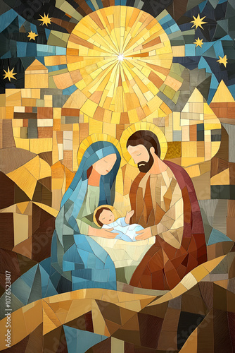 Abstract geometric stained glass nativity scene of baby Jesus, Mary, and Joseph under the Bethlehem star