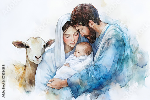 Peaceful nativity scene in watercolor with Mary, Joseph, baby Jesus Christ, and lamb