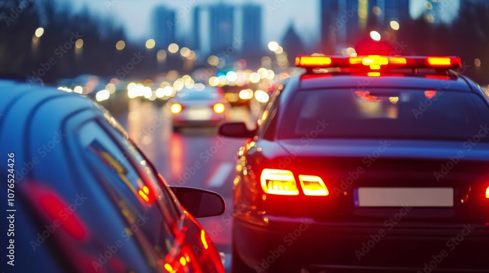 Car monitoring traffic flow during a busy evening in an urban area with city lights and heavy congestion Car monitoring traffic flow during a busy evening in an urban area with city lights and heavy congestion