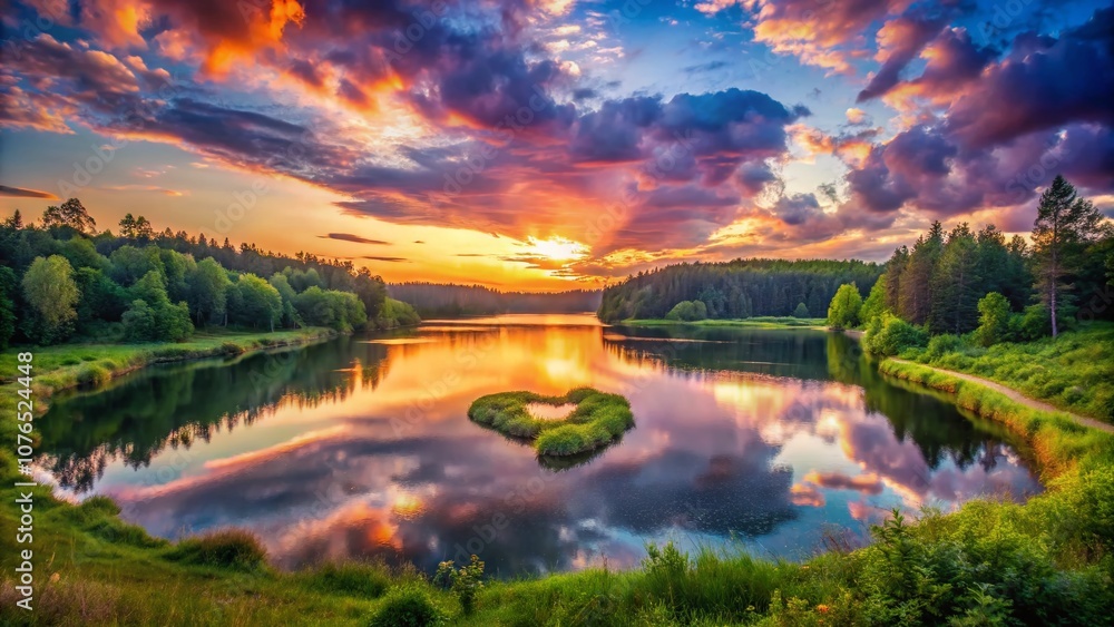 Romantic Valentine's Day Landscape with Heart-Shaped Clouds Over a Serene Lake, Perfect for Girlfriend Posters and Love Celebrations in Nature's Embrace Romantic Valentine's Day Landscape with Heart-Shaped Clouds Over a Serene Lake, Perfect for Girlfriend Posters and Love Celebrations in Nature's Embrace