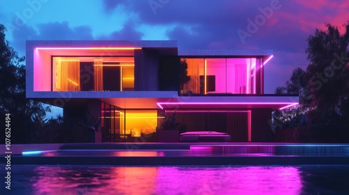 Modern Luxury Villa Illuminated by Neon Lights