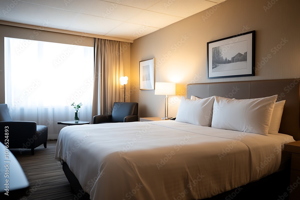 A spacious hotel room with a king-size bed, two armchairs, a coffee table, and a large window overlooking the city. A spacious hotel room with a king-size bed, two armchairs, a coffee table, and a large window overlooking the city.