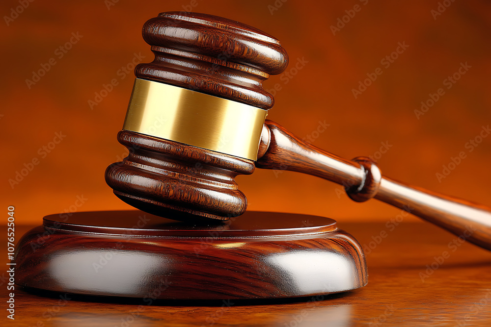 A judge's wooden gavel placed prominently on a surface, symbolizing court and justice A judge's wooden gavel placed prominently on a surface, symbolizing court and justice