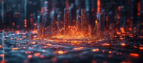 A glowing, futuristic cityscape with a chart showing growth.