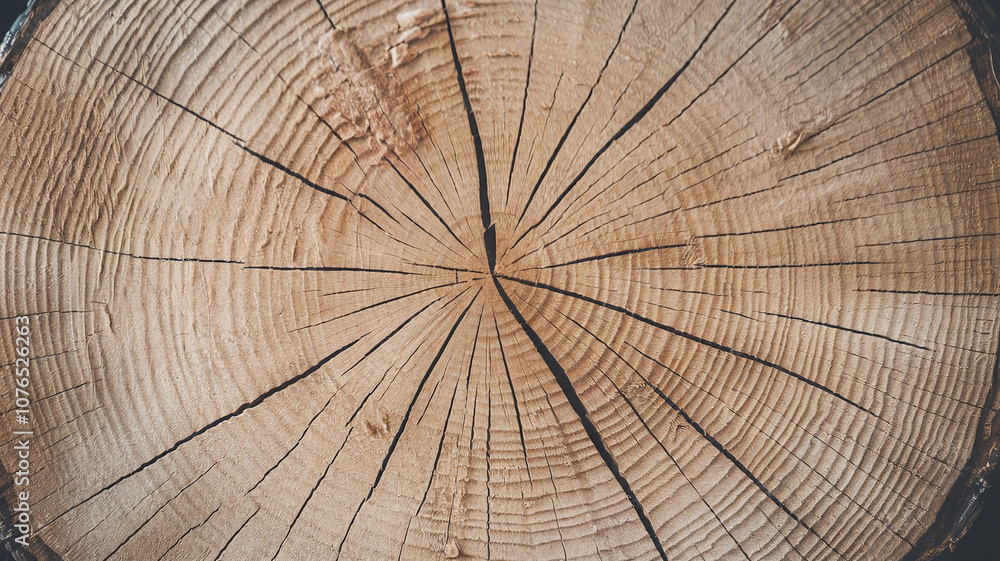Fototapeta premium Close-up of an oak tree's cut surface, showing detailed wood grain, growth rings, and natural cracks, ideal for textures, backgrounds, or organic design projects. 