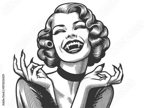 smiling female vampire with fangs and glamorous hairstyle, blending horror and retro elegance sketch engraving generative ai vector illustration. Scratch board imitation. Black and white image.