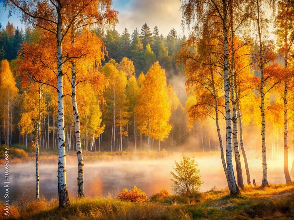 Fototapeta premium Serene Autumn Forest in Sweden: Sunlit Birch Trees Embraced by Misty Morning Light, Capturing the Tranquility of Nature's Beauty in a Double Exposure Photography Style