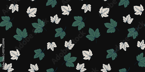 Minimalist seamless pattern featuring green and white leaves on a black background. The simple elegant design is perfect for fabric, wallpaper, packaging,  home decor, giving  natural, stylish touch.