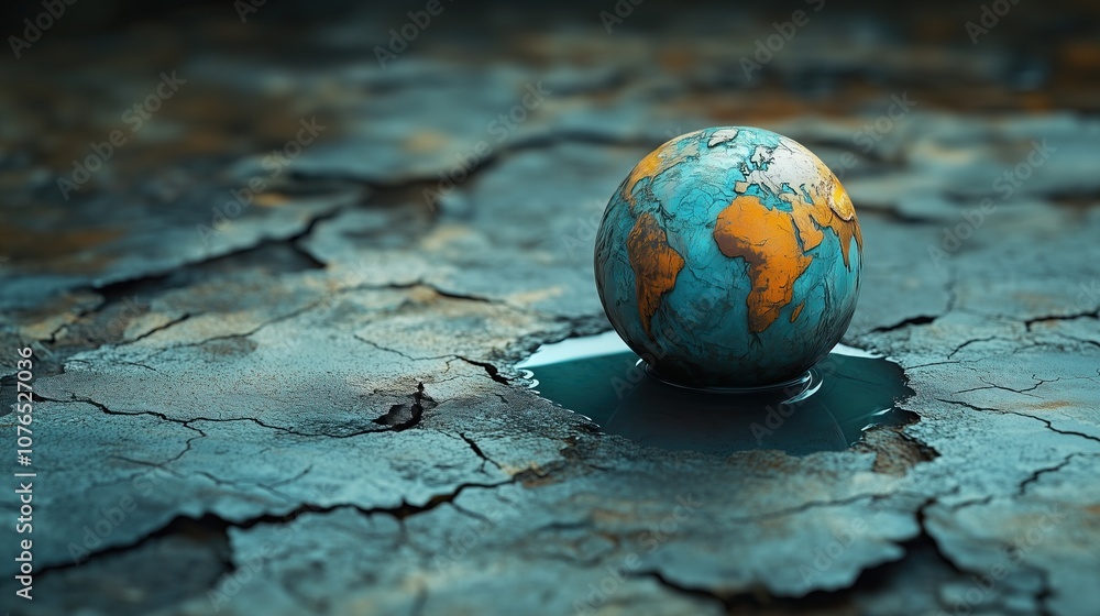 A melting globe sitting in a pool of water on cracked earth A melting globe sitting in a pool of water on cracked earth