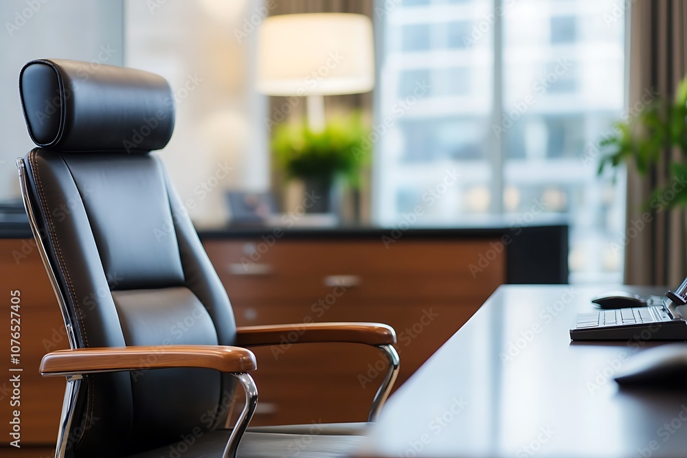 An empty office chair sits at a desk with a computer keyboard in the foreground. An empty office chair sits at a desk with a computer keyboard in the foreground.