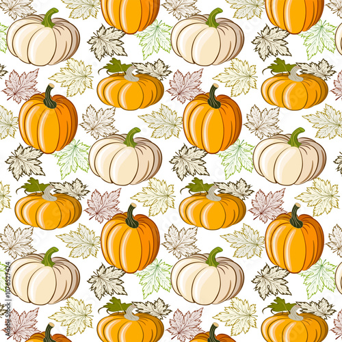 Leaves and pumpkins in a pattern.Vector seamless pattern with pumpkins and autumn leaves on transparent background.