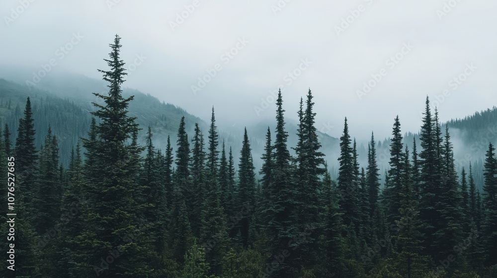 Misty forest landscape with tall evergreen trees and foggy mountains in the background. Misty forest landscape with tall evergreen trees and foggy mountains in the background.