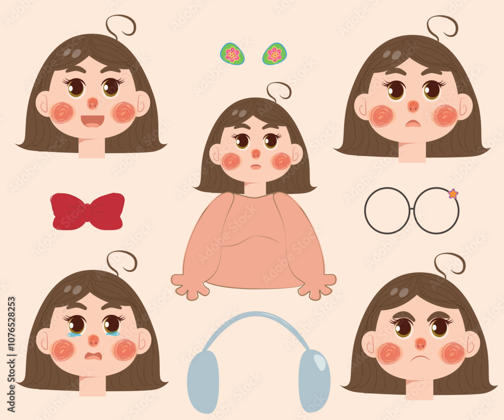 girl cartoon character, set of cartoon people, girl character for illustration with different emotions and accessories for hair, headphones, glasses girl cartoon character, set of cartoon people, girl character for illustration with different emotions and accessories for hair, headphones, glasses