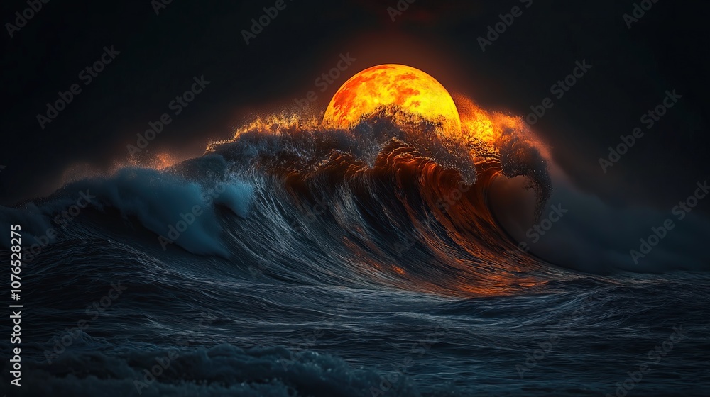 Fototapeta premium stunning ocean wave illuminated by vibrant orange moon
