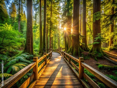 Serene Hiking Trail Wood Walkway in Lynn Canyon Park, Vancouver, BC, Canada, Surrounded by Lush Greenery and Majestic Trees, Perfect for Nature Lovers and Adventurers